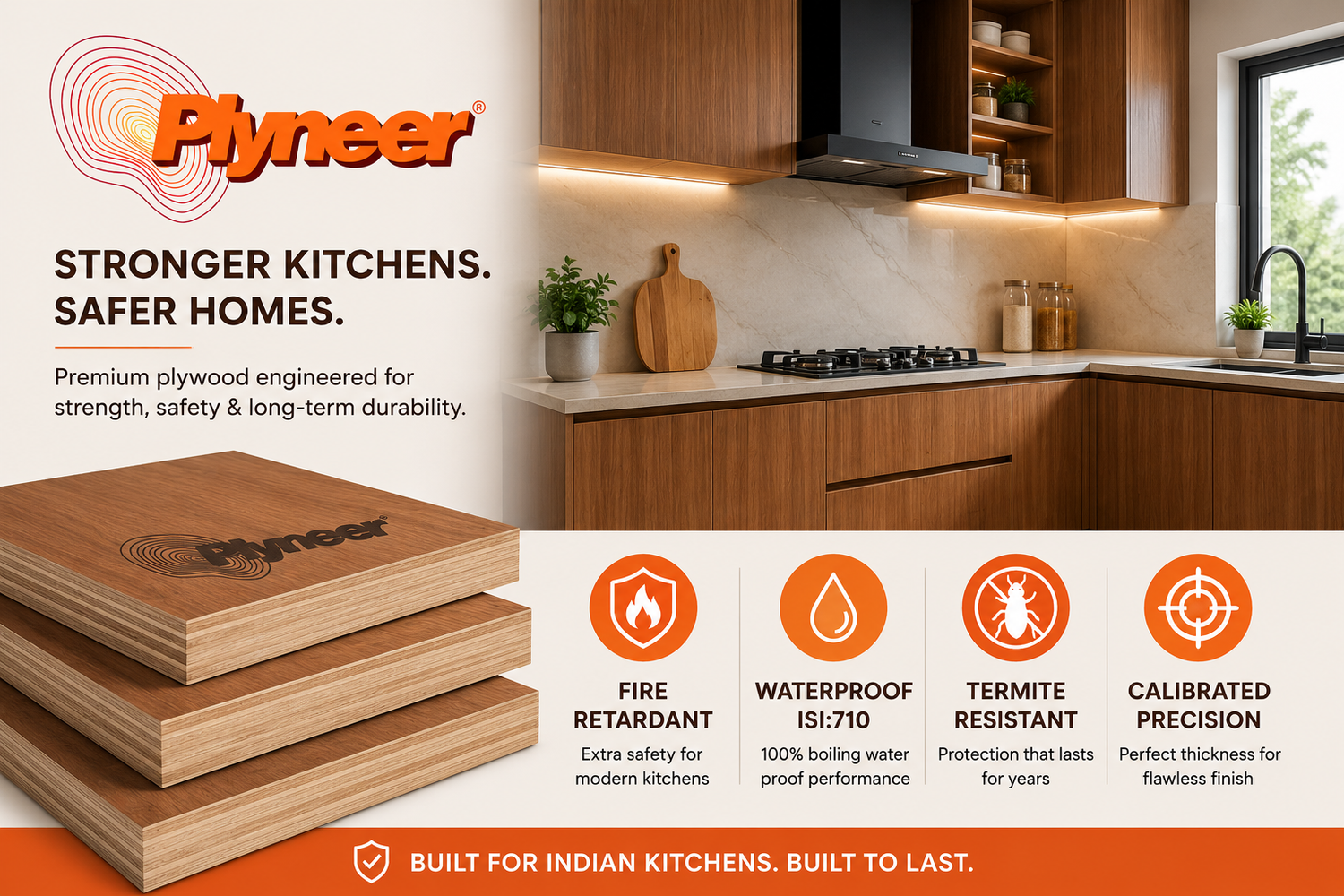 Best plywood for kitchen cabinets and countertops with waterproof, fire-retardant, termite-resistant durability for modern Indian kitchens.