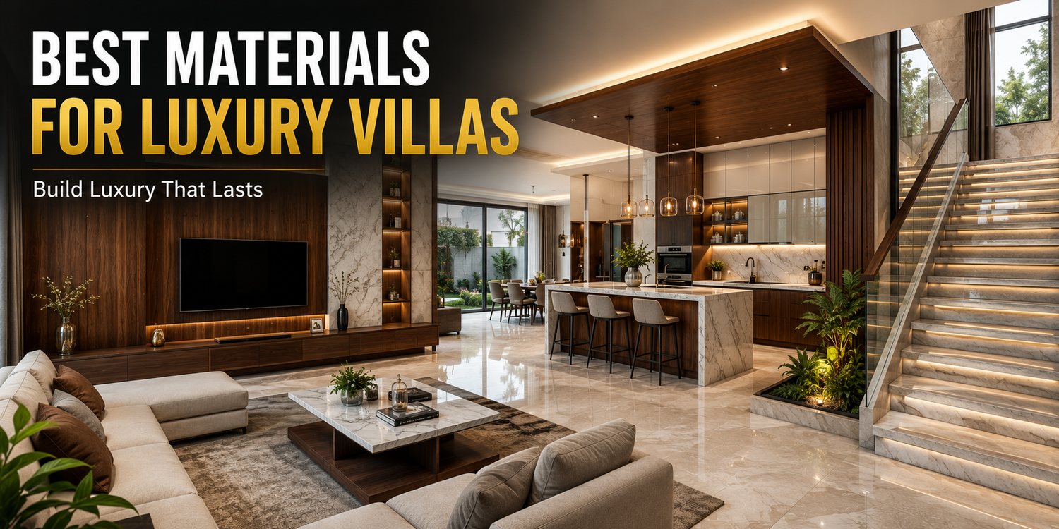 Luxury villa interior featuring premium plywood, veneers, marble flooring, quartz surfaces, and designer finishes.