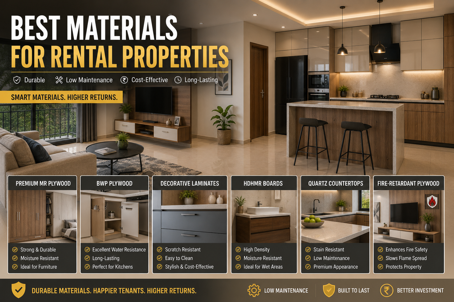 Modern rental apartment interior featuring premium plywood furniture, modular kitchen cabinets, decorative laminates, and durable low-maintenance materials for long-term rental homes.