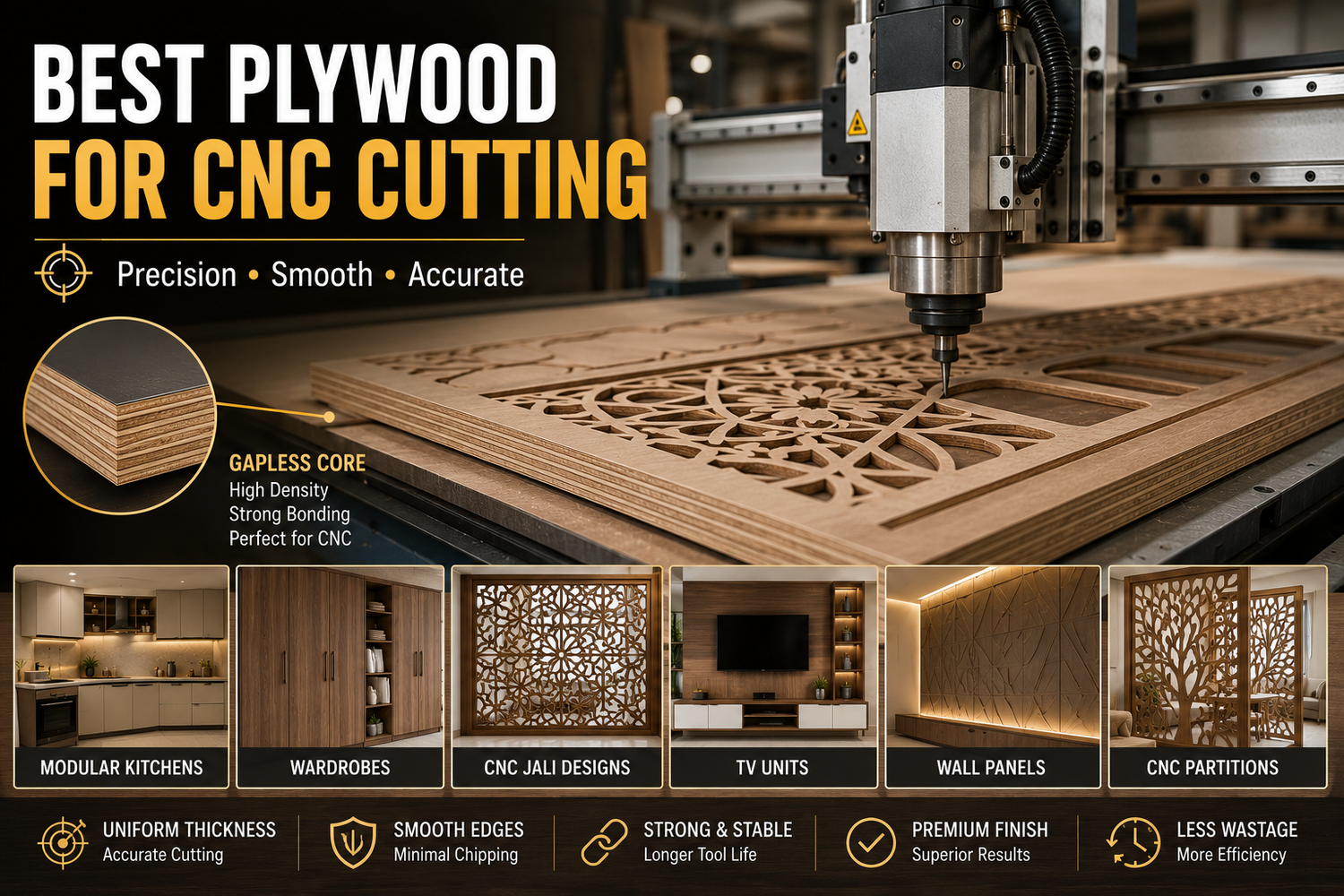 CNC machine cutting premium calibrated plywood with smooth edges and precision machining for modular furniture and decorative panels.