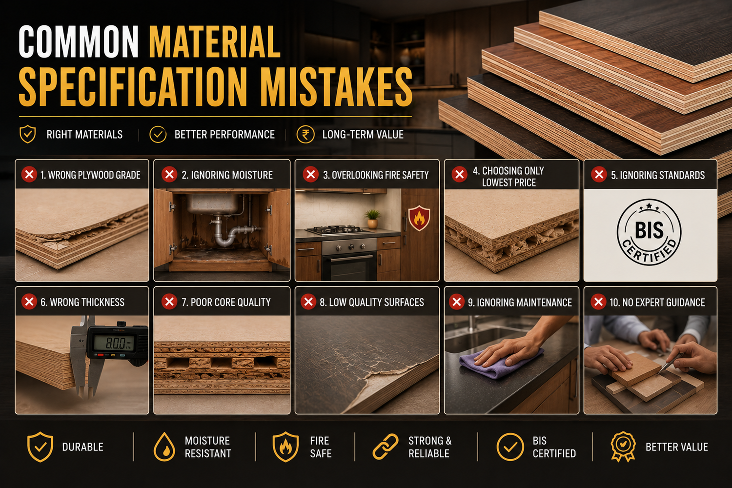 Architect reviewing plywood grades, laminate samples, and certified materials to avoid common material specification mistakes in interior projects.