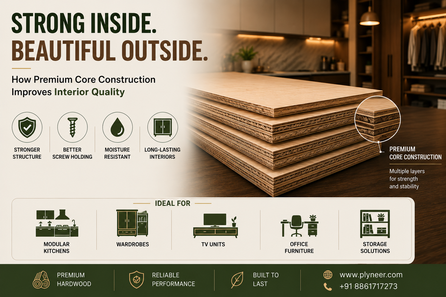 Premium plywood core construction showing multiple hardwood veneer layers for superior strength, screw holding, moisture resistance, and long-lasting interior furniture.