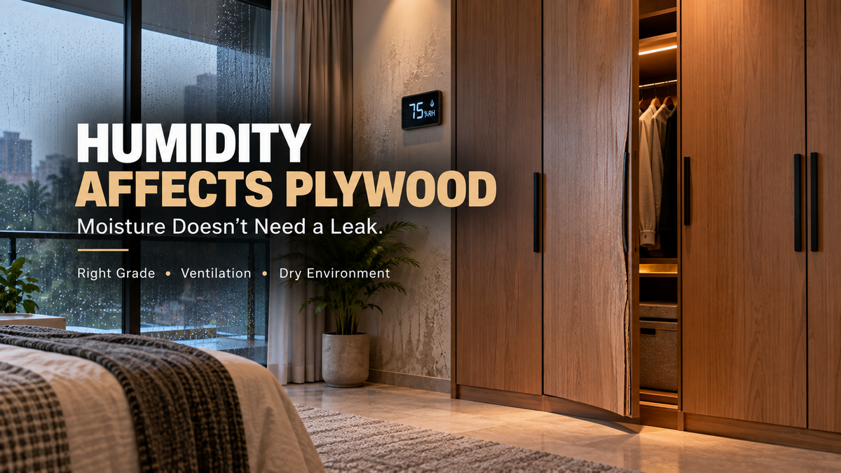 Plywood furniture in a humid home environment showing how changing moisture levels can contribute to swelling, warping and furniture alignment problems.
