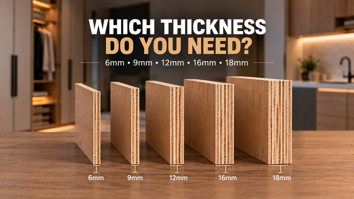 Plywood thickness comparison showing 6mm, 9mm, 12mm, 16mm and 18mm plywood for different furniture and interior applications.