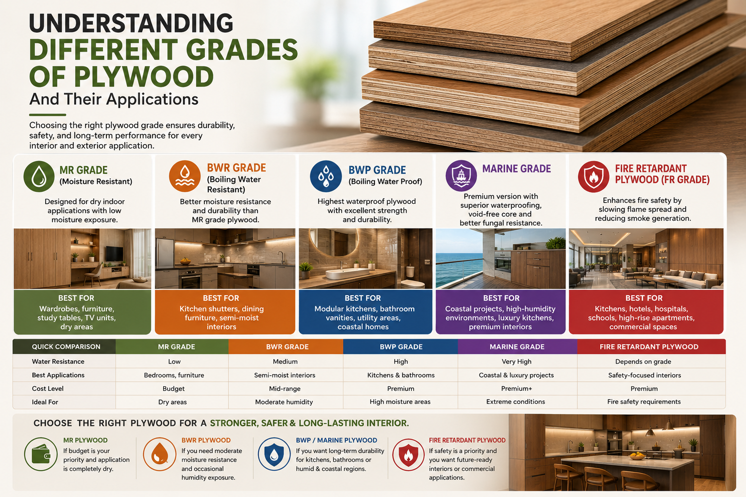 Infographic explaining different plywood grades including MR, BWR, BWP, Marine, and Fire Retardant plywood with applications and interior usage examples.
