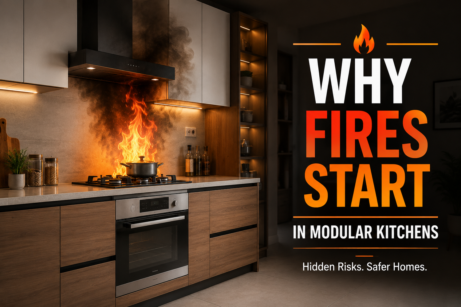 Modern modular kitchen featuring fire-retardant plywood cabinets designed for enhanced home fire safety and durability.