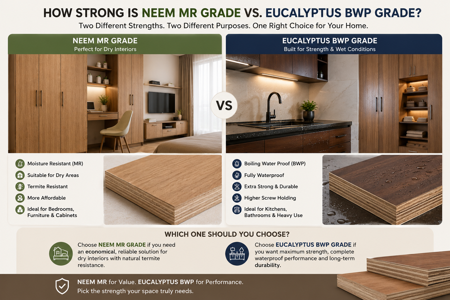 Neem MR Grade vs Eucalyptus BWP Grade plywood comparison infographic showing dry interior vs waterproof kitchen applications and strength features.