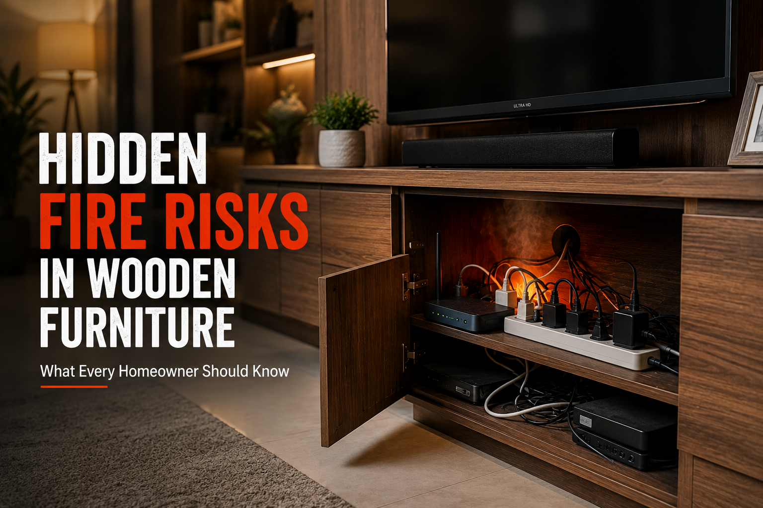 Modern wooden TV unit with hidden electrical wiring and overheating devices creating potential fire hazards inside furniture.