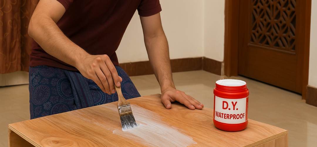 DIY waterproofing being applied on plywood furniture in an Indian home