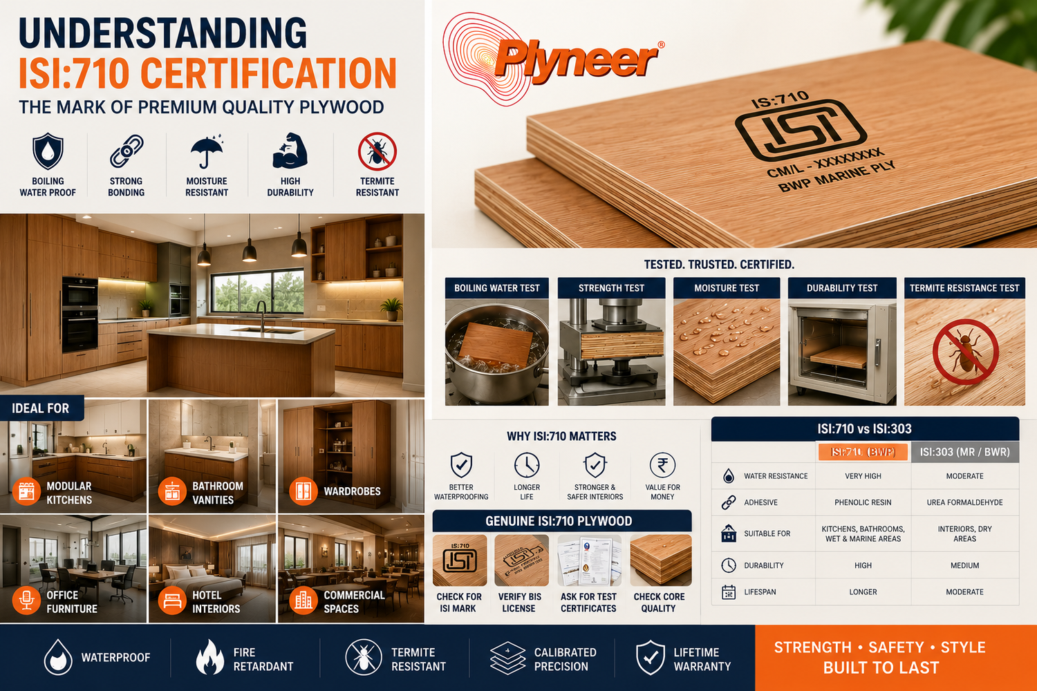 Premium ISI:710 certified plywood infographic showcasing waterproof strength, durability, termite resistance, and modern interior applications.