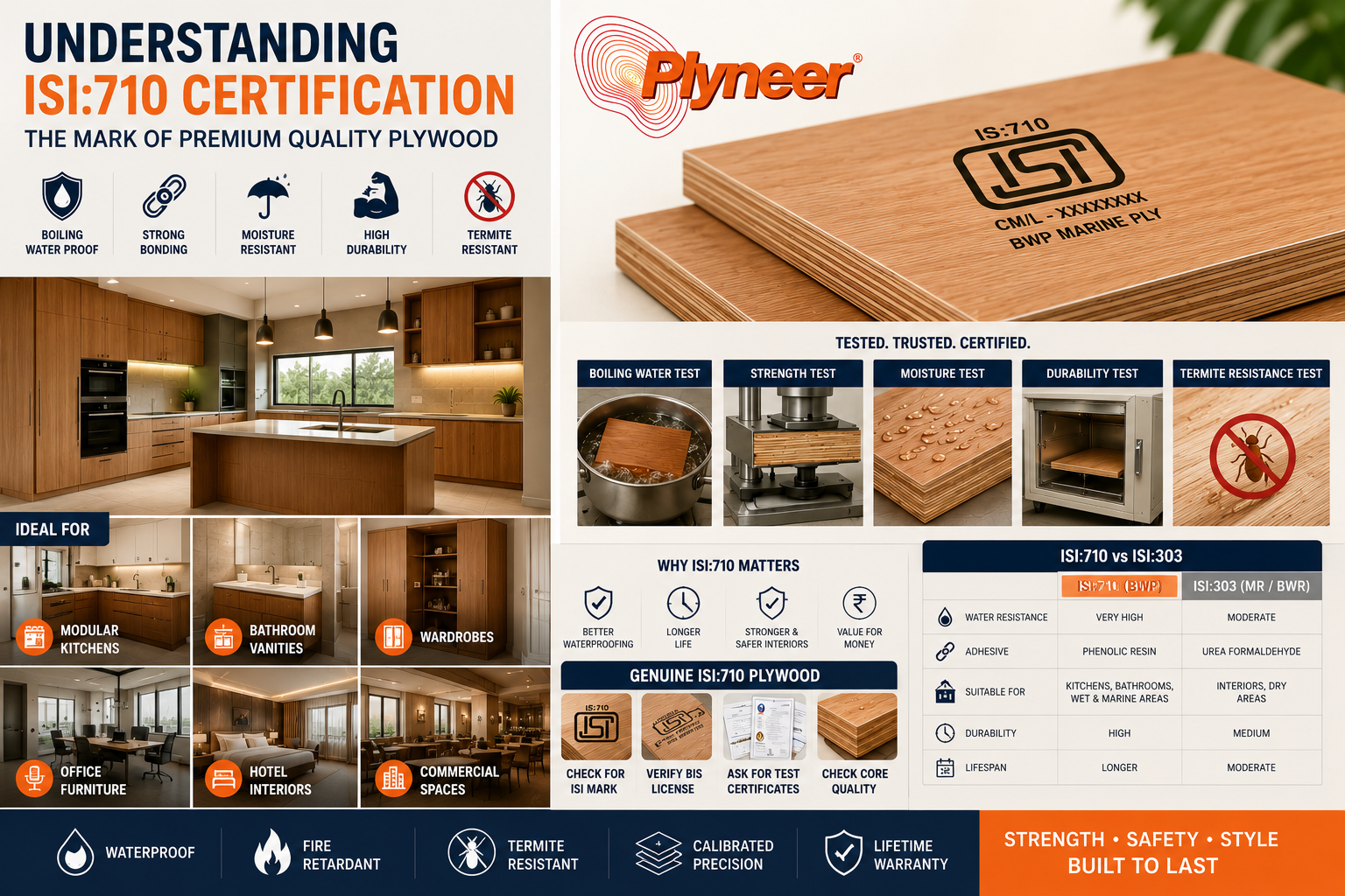 Premium ISI:710 certified plywood infographic showcasing waterproof strength, durability, termite resistance, and modern interior applications.