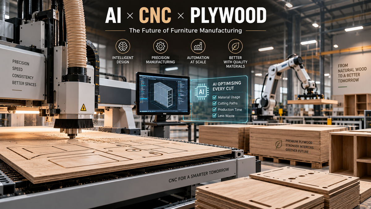 AI-powered furniture manufacturing facility using CNC machinery, automation and premium plywood for precision modular furniture production.