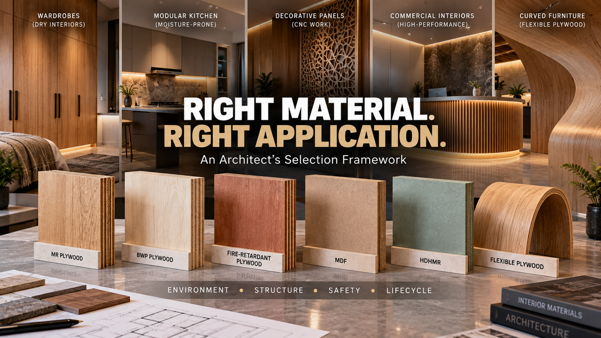 Architect evaluating plywood and interior material samples based on application, moisture exposure, structural performance, safety and lifecycle value.
