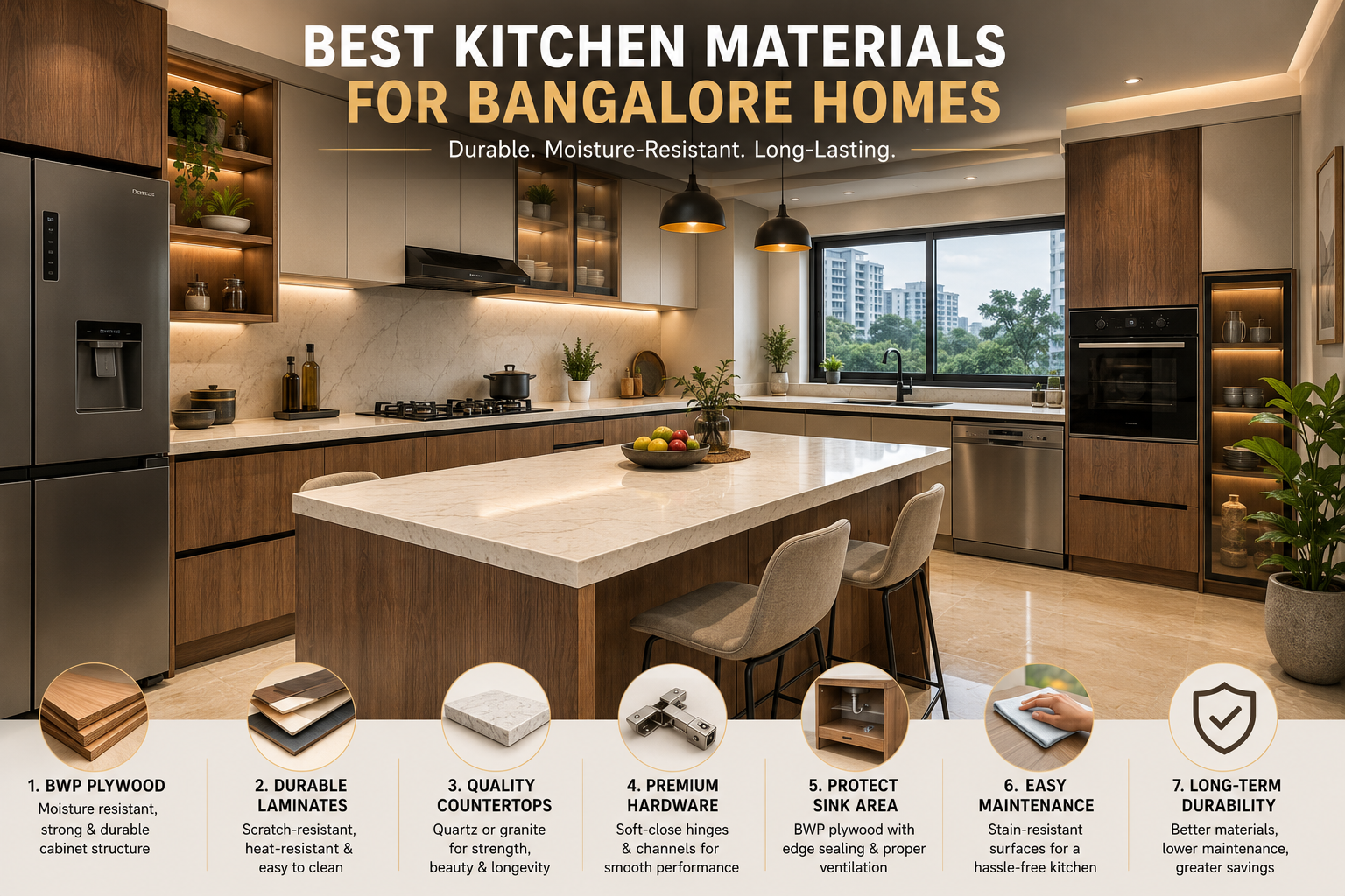 Luxury modular kitchen in a Bangalore home built with premium BWP plywood.