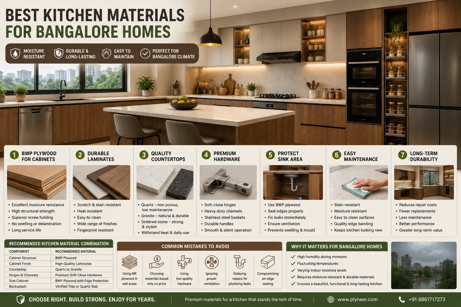 Best kitchen materials for Bangalore homes featuring BWP plywood cabinets, premium laminates, quartz countertops, and soft-close hardware for a durable modular kitchen.
