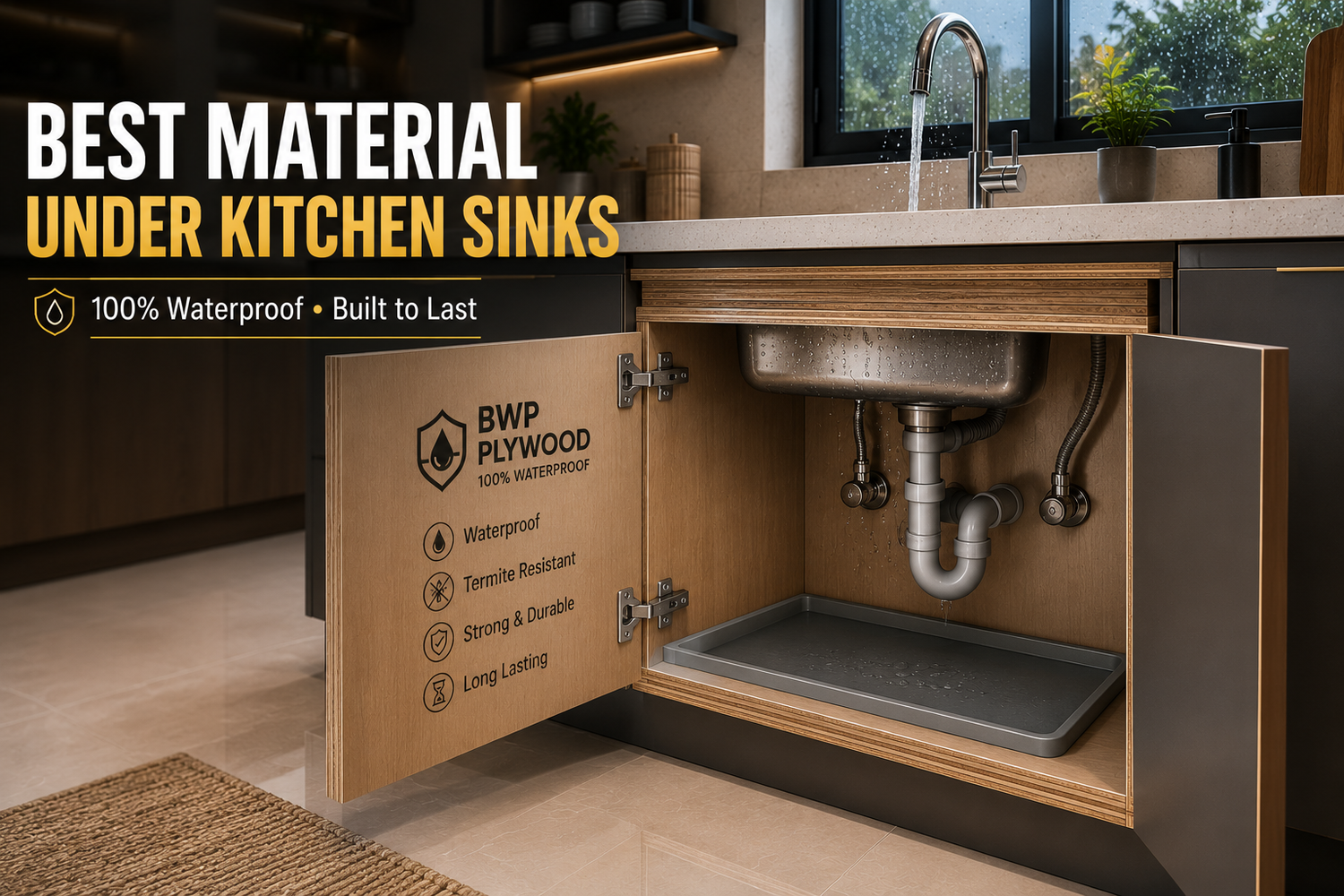 Modern modular kitchen under-sink cabinet made with waterproof BWP plywood, showing moisture-resistant construction and durable kitchen cabinetry.