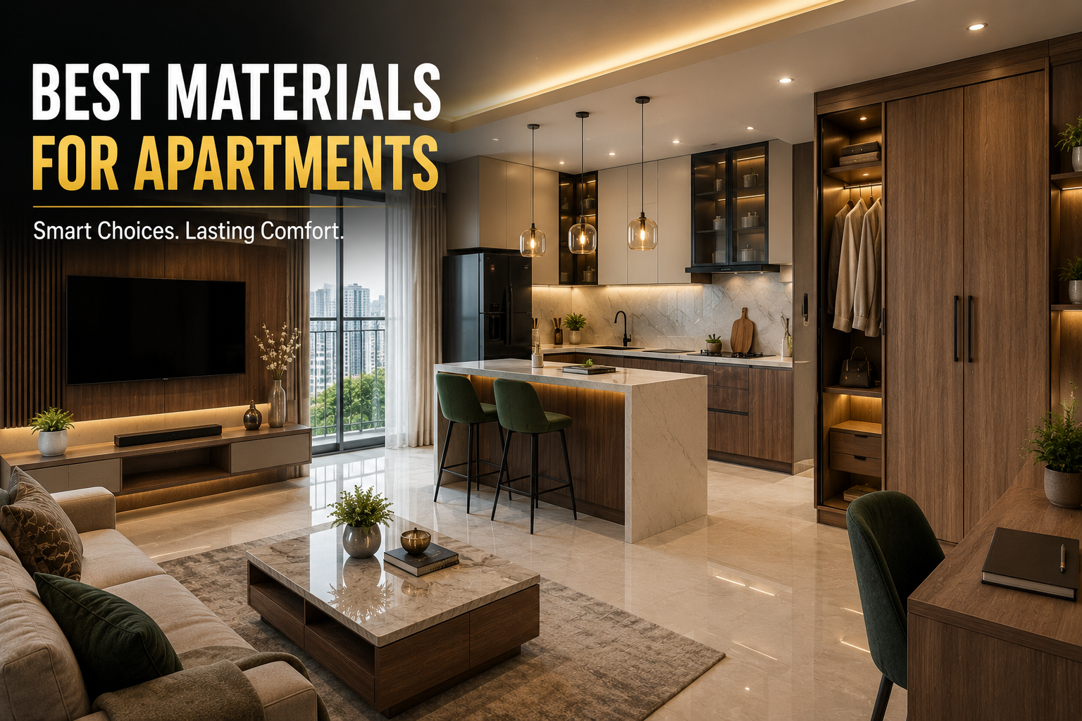 Modern apartment interior featuring premium plywood, laminates, veneers, quartz countertops, and luxury storage solutions.