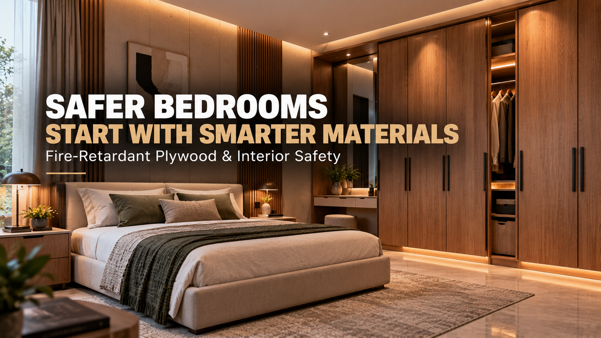 Luxury modern bedroom featuring fire-retardant plywood wardrobes, wooden furniture and fire-conscious interior materials designed for improved bedroom safety.