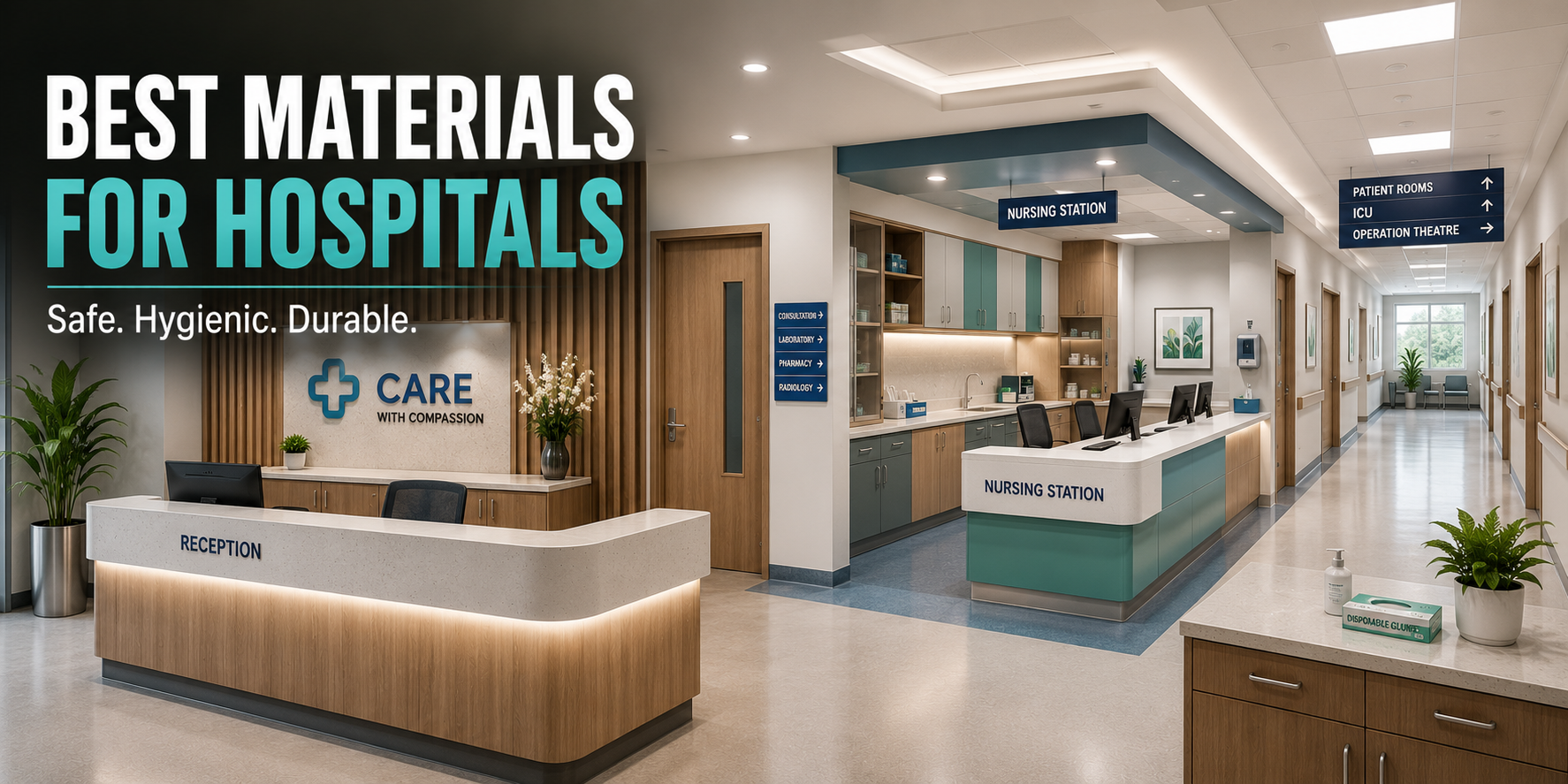 Modern hospital reception and nursing station featuring hygienic, durable interior materials and premium healthcare furniture.