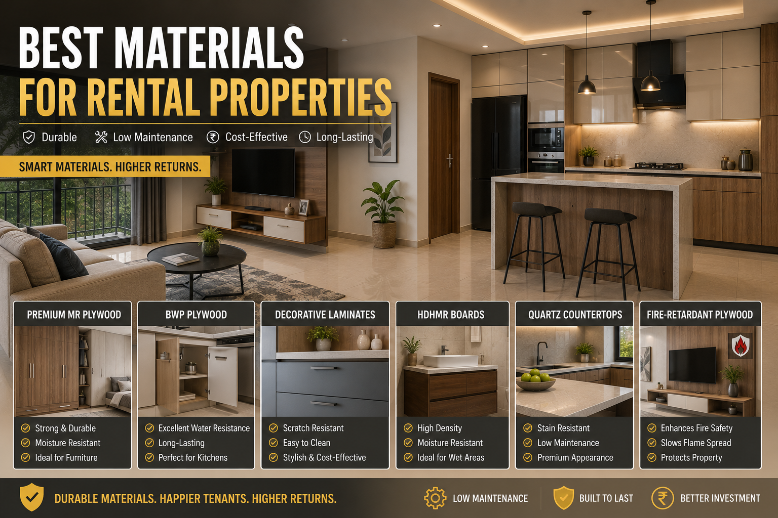 Modern rental apartment interior featuring premium plywood furniture, modular kitchen cabinets, decorative laminates, and durable low-maintenance materials for long-term rental homes.
