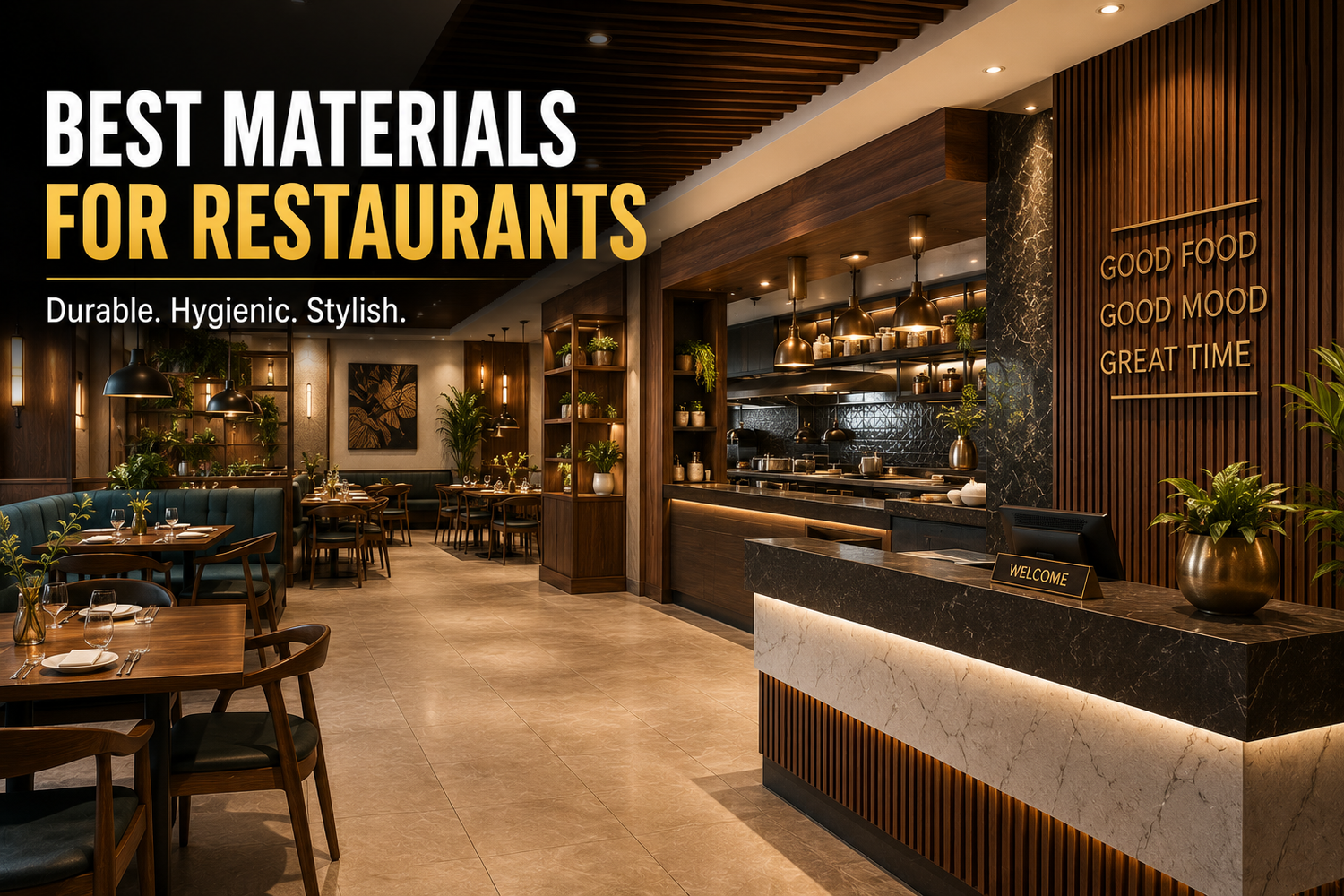 Luxury restaurant interior featuring premium plywood furniture, veneer wall panels, quartz counters, and durable hospitality materials.