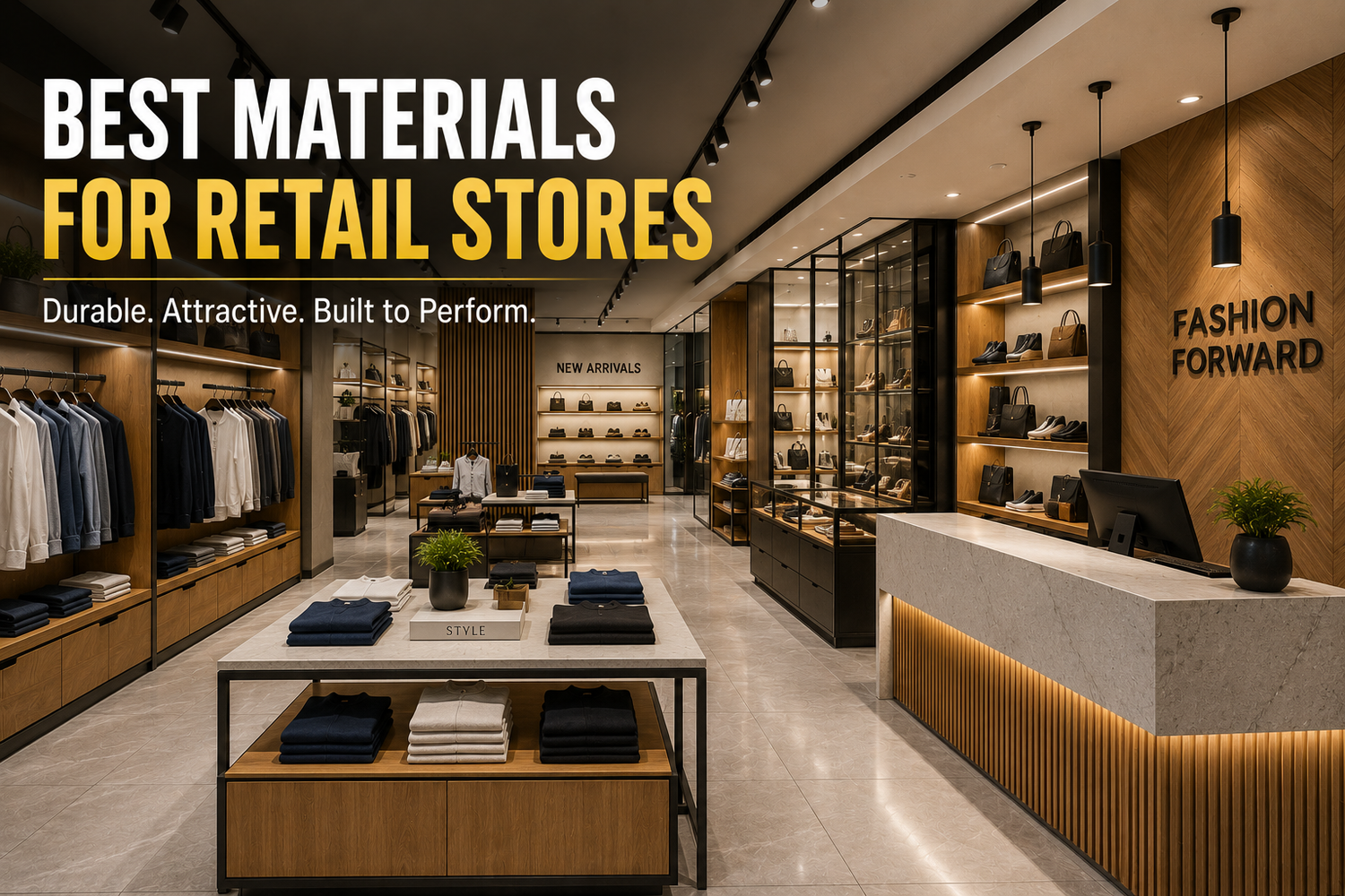 Modern retail store interior featuring premium plywood display units, laminates, veneers, glass showcases, and commercial fixtures.