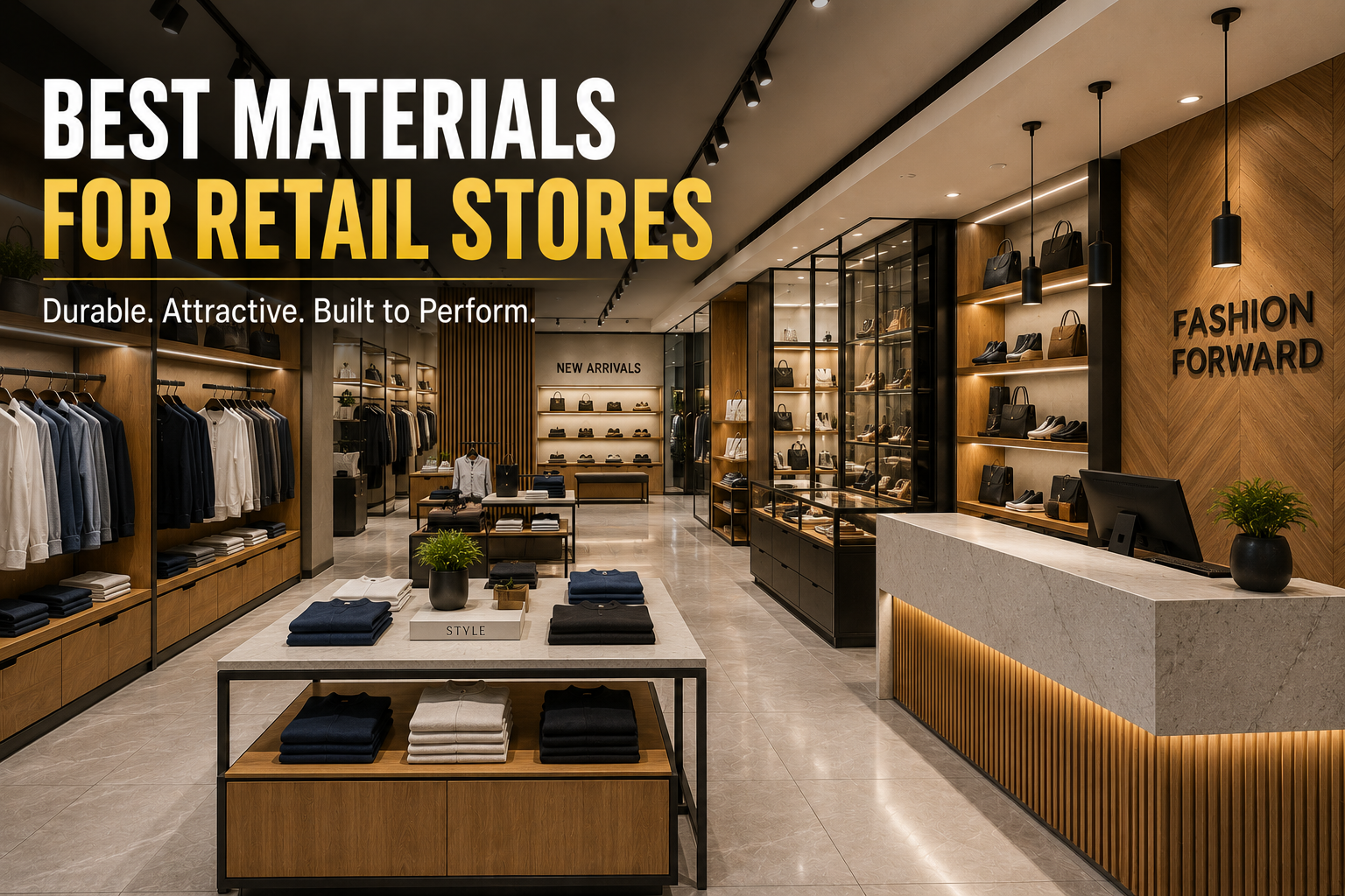 Modern retail store interior featuring premium plywood display units, laminates, veneers, glass showcases, and commercial fixtures.