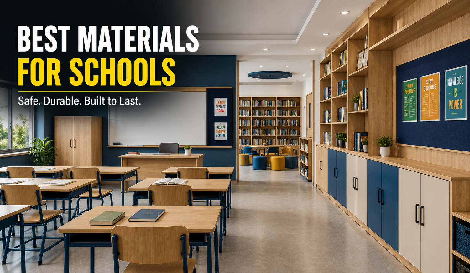 Modern school classroom and library featuring durable plywood furniture, laminates, and safe educational interior materials.
