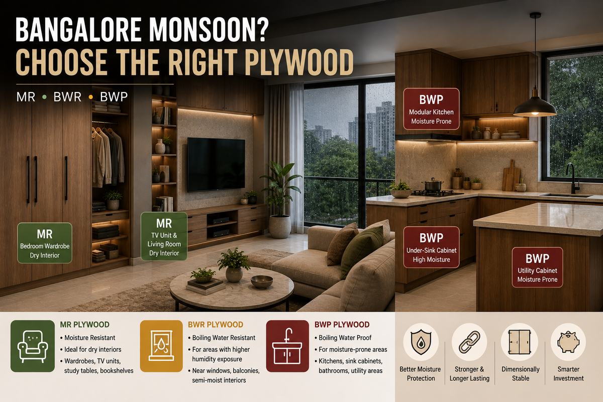 Bangalore home during monsoon showing MR, BWR and BWP plywood applications for wardrobes, living-room furniture, kitchens and moisture-prone cabinets.