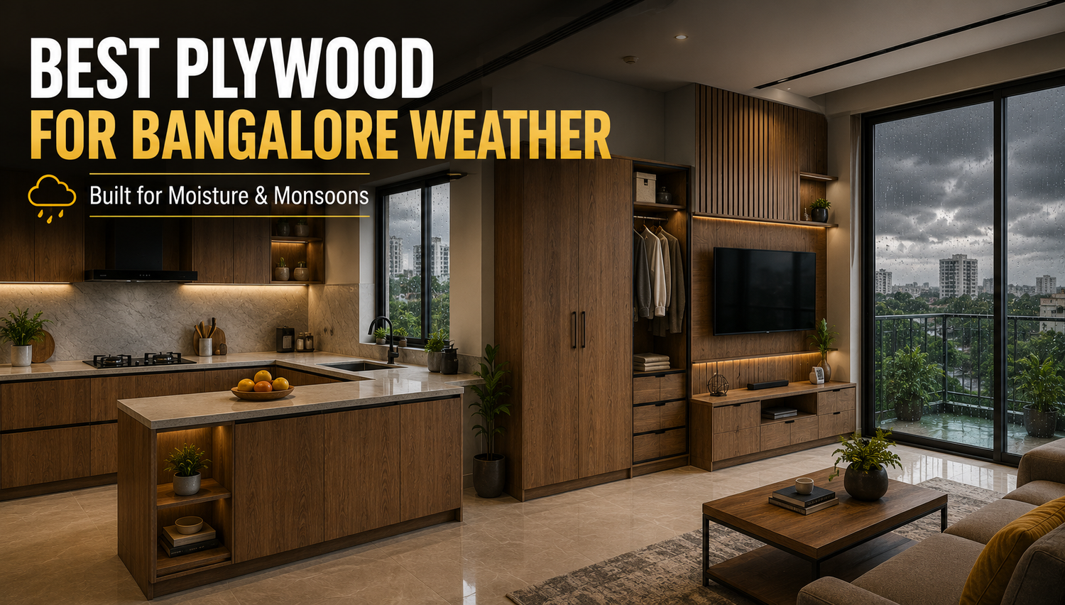 Premium plywood furniture in a modern Bangalore home designed to withstand moisture, humidity, and monsoon weather.