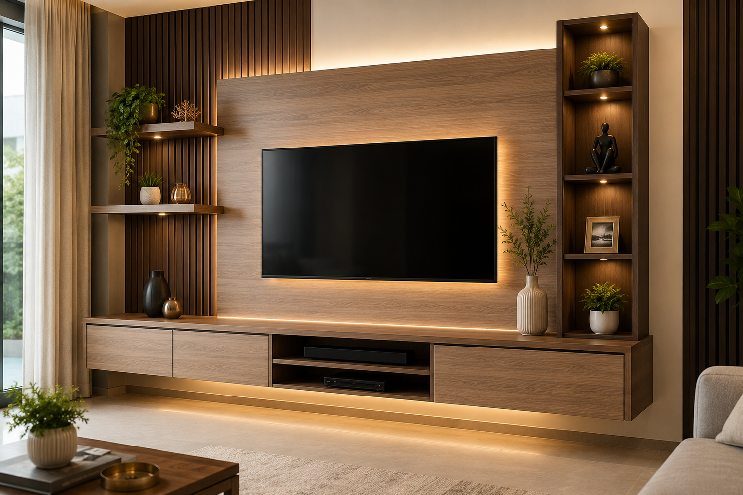 Modern TV unit and entertainment wall made with premium plywood featuring floating shelves, storage cabinets, and durable modular furniture.