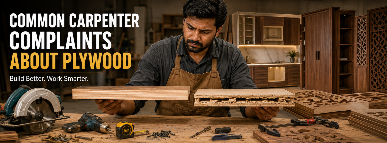 Professional carpenter comparing premium plywood with low-quality plywood showing chipped edges, core gaps, and machining defects in a woodworking workshop.