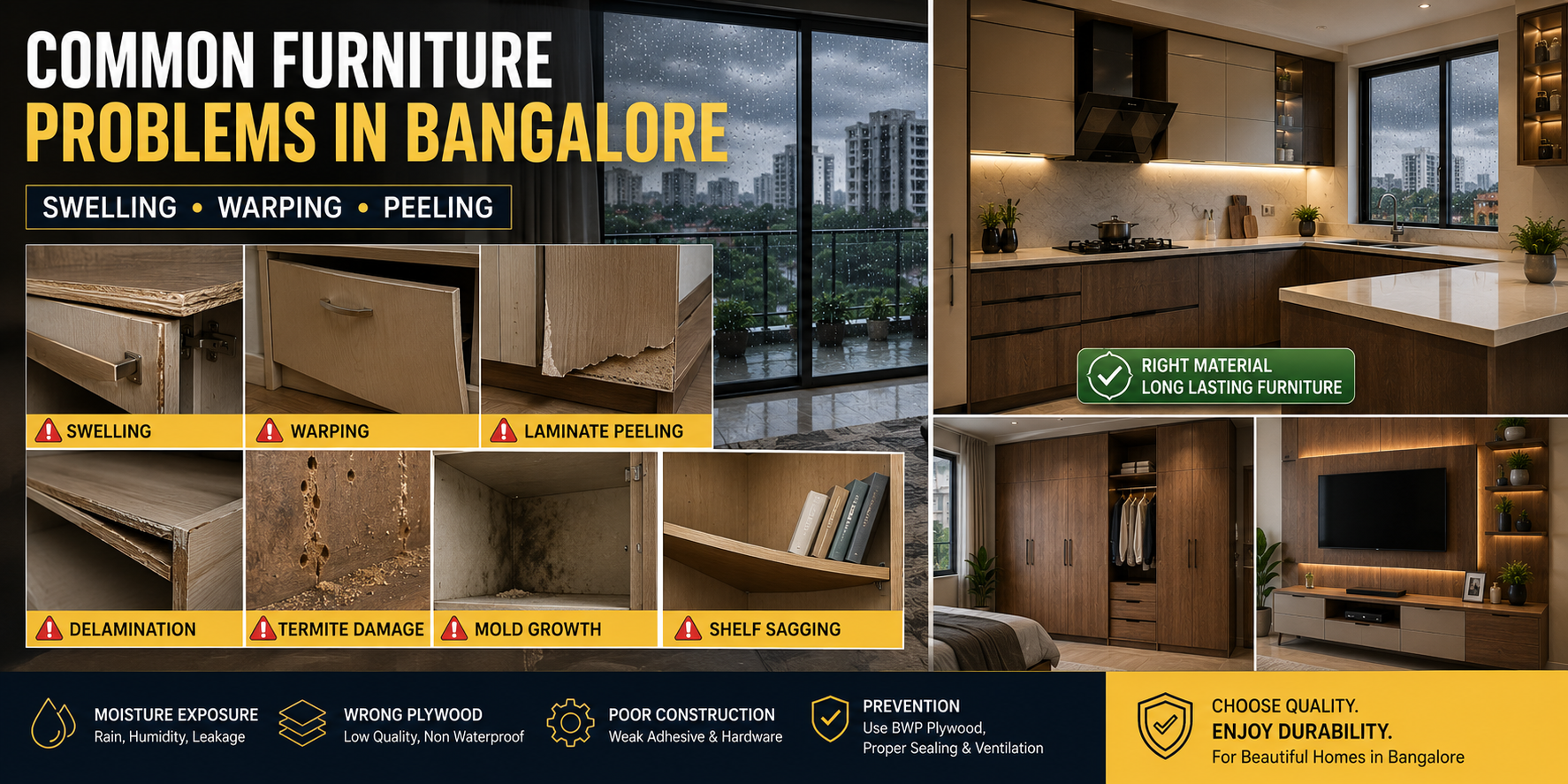 Furniture damage caused by Bangalore's moisture and monsoon weather including swelling, warping, laminate peeling, and water damage.