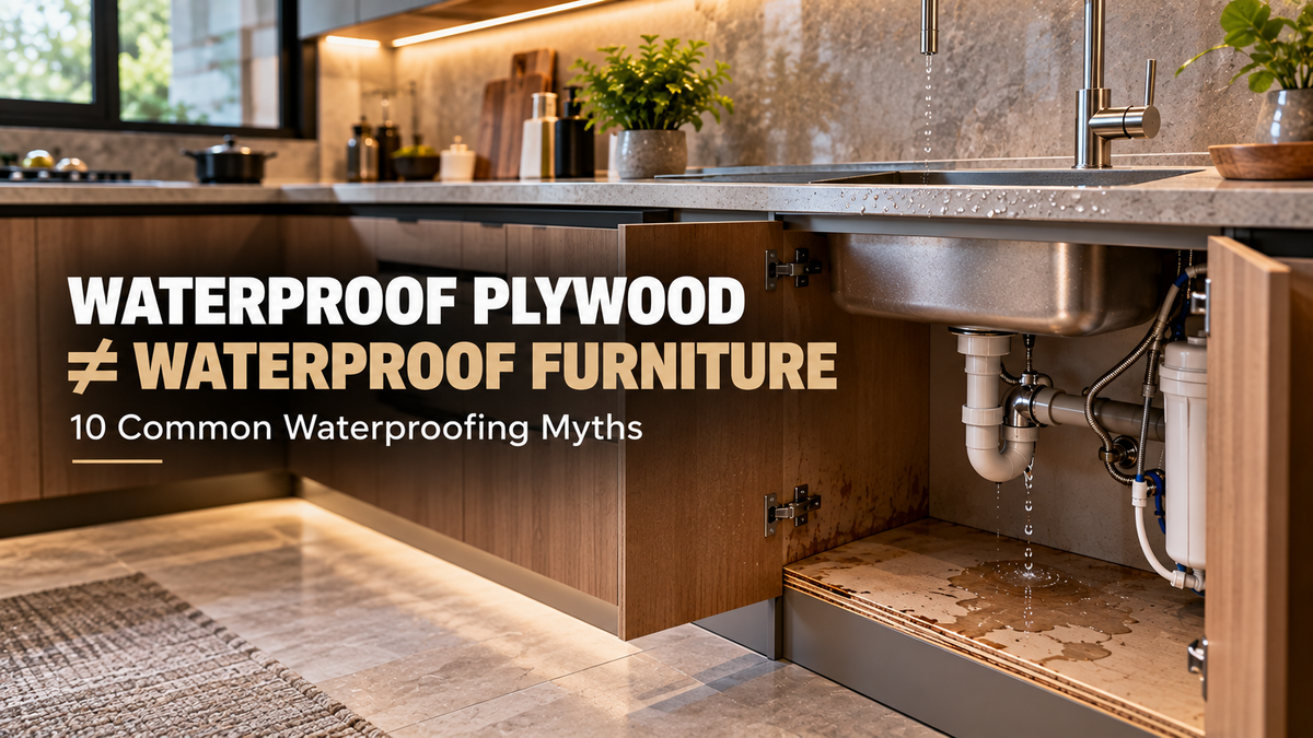 Modern modular kitchen showing waterproof plywood cabinetry, water droplets and moisture protection in kitchen and under-sink furniture.