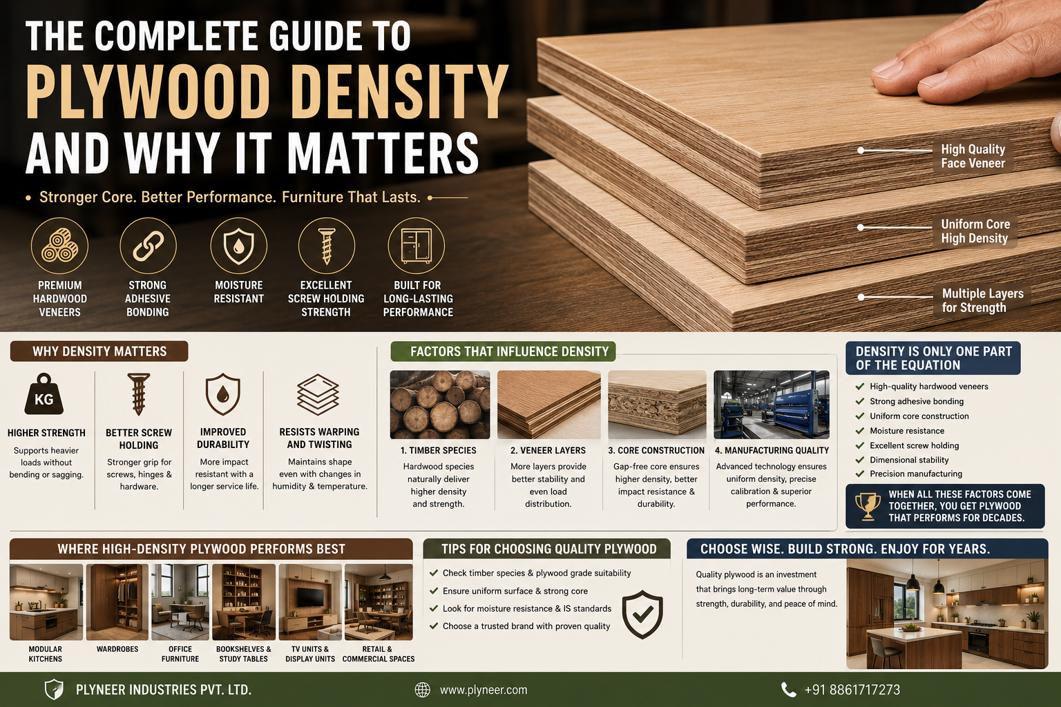 Complete guide to plywood density showing how premium plywood improves strength, screw holding, durability, moisture resistance, and long-lasting furniture performance.