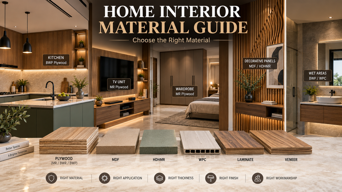 Complete home interior material buying guide showing plywood, MDF, HDHMR, WPC, laminates and veneers for kitchens, wardrobes and modern home furniture.