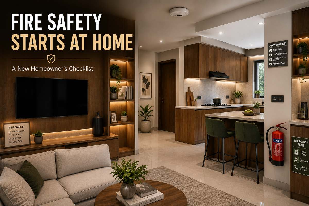 Modern home interior highlighting fire safety with smoke alarm, fire extinguisher, safe electrical systems and fire-conscious interior materials.