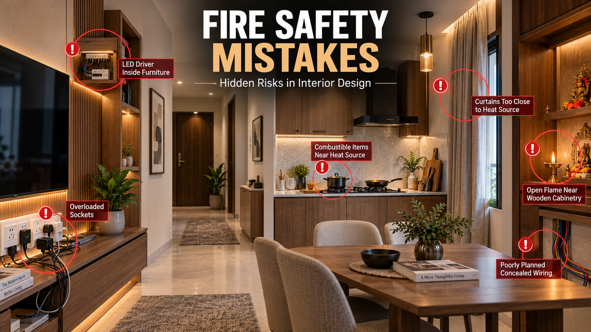 Modern home interior highlighting common fire safety mistakes involving electrical wiring, kitchen appliances, lighting and interior material selection.