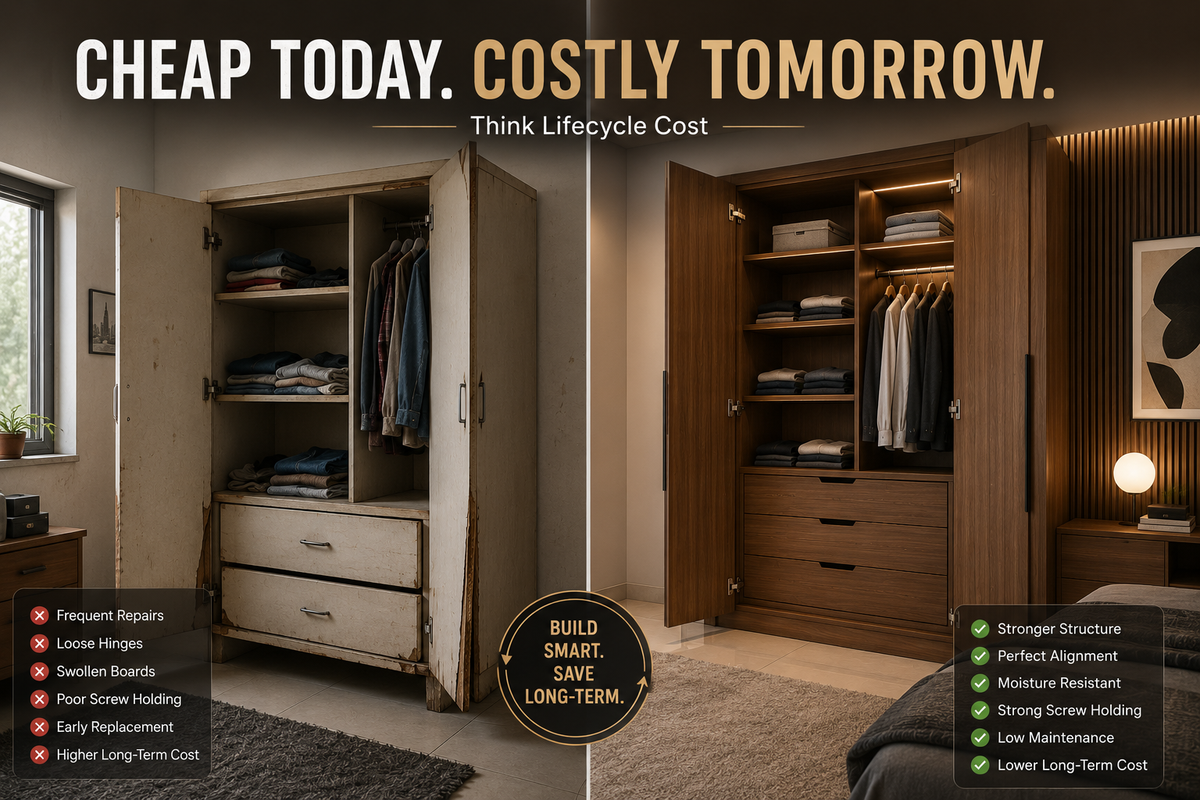 Comparison of budget and premium furniture showing how quality plywood, durable hardware and longer service life can reduce furniture lifecycle costs.
