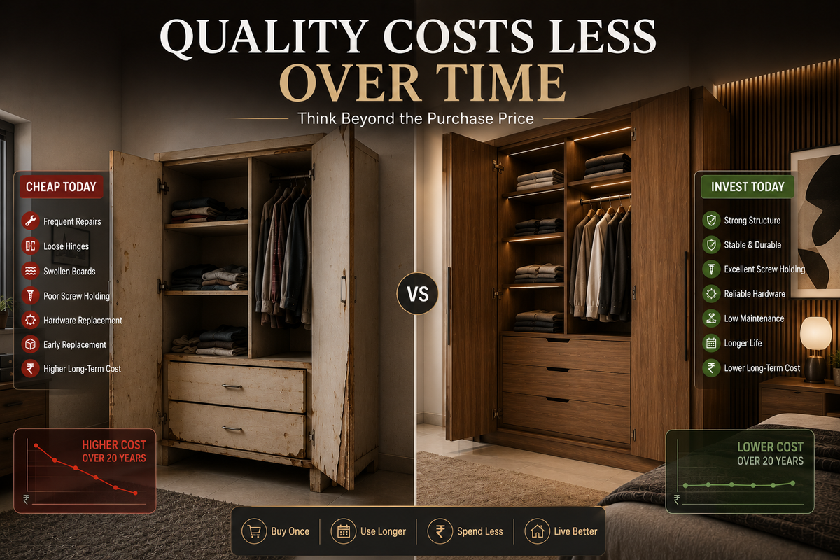 Furniture lifecycle cost comparison showing how premium plywood furniture can reduce long-term repair, maintenance and replacement costs compared with cheaper furniture.