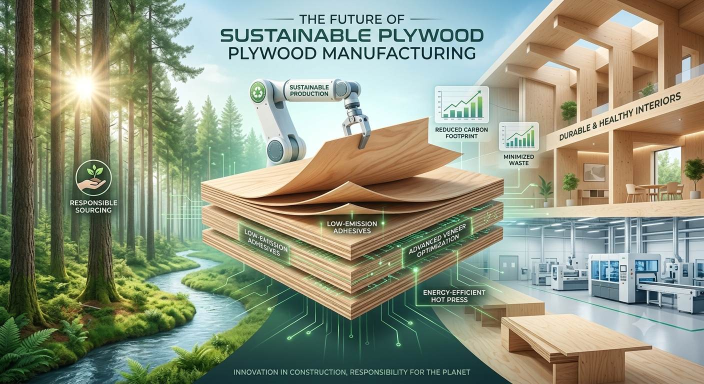 Modern sustainable plywood manufacturing facility with responsibly sourced timber.