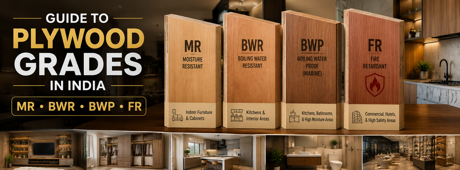 Comparison of MR, BWR, BWP marine, and fire-retardant plywood grades used in Indian furniture and interior applications.