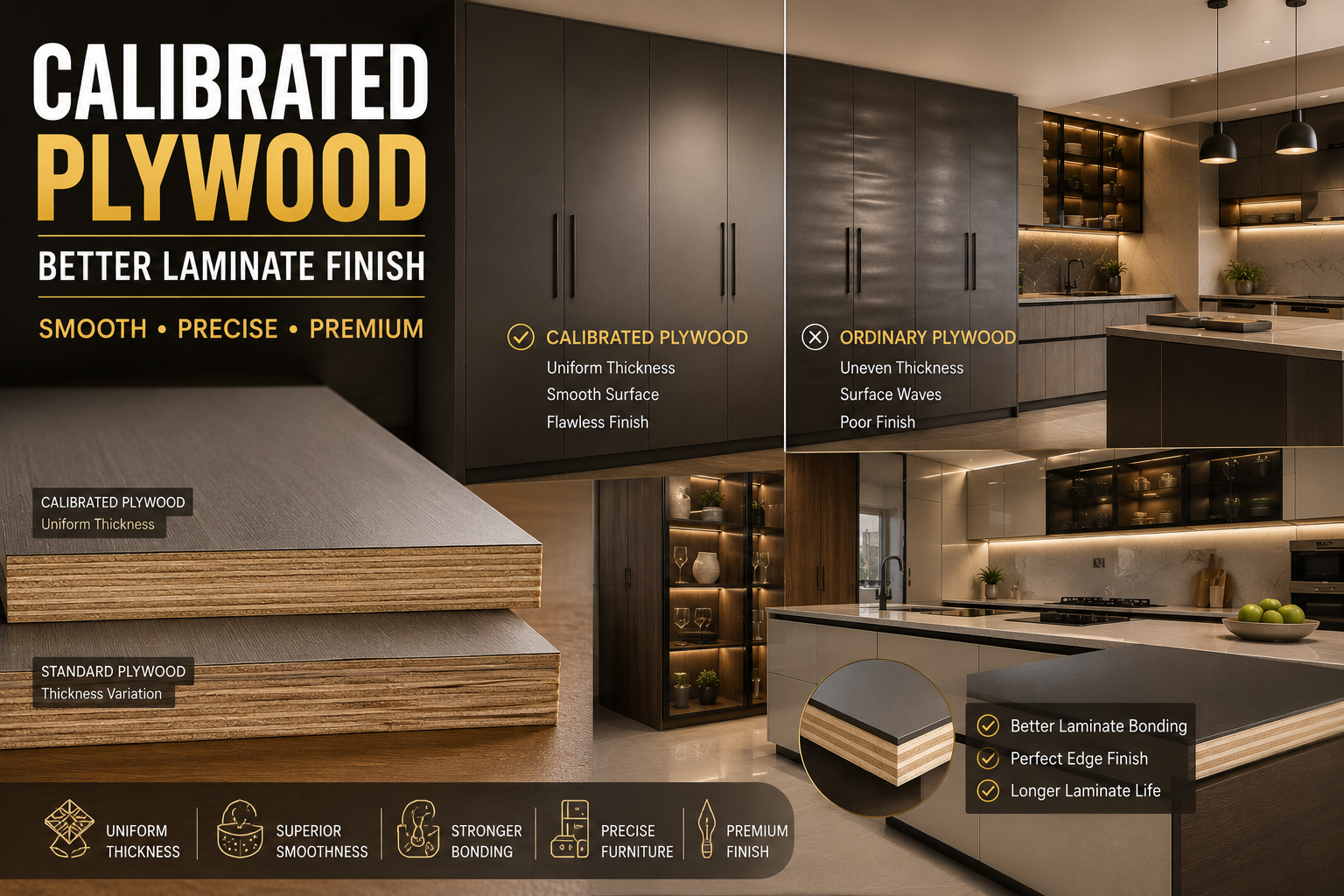 Premium laminate furniture made using calibrated plywood showing smooth surface finish, perfect alignment, and superior craftsmanship.