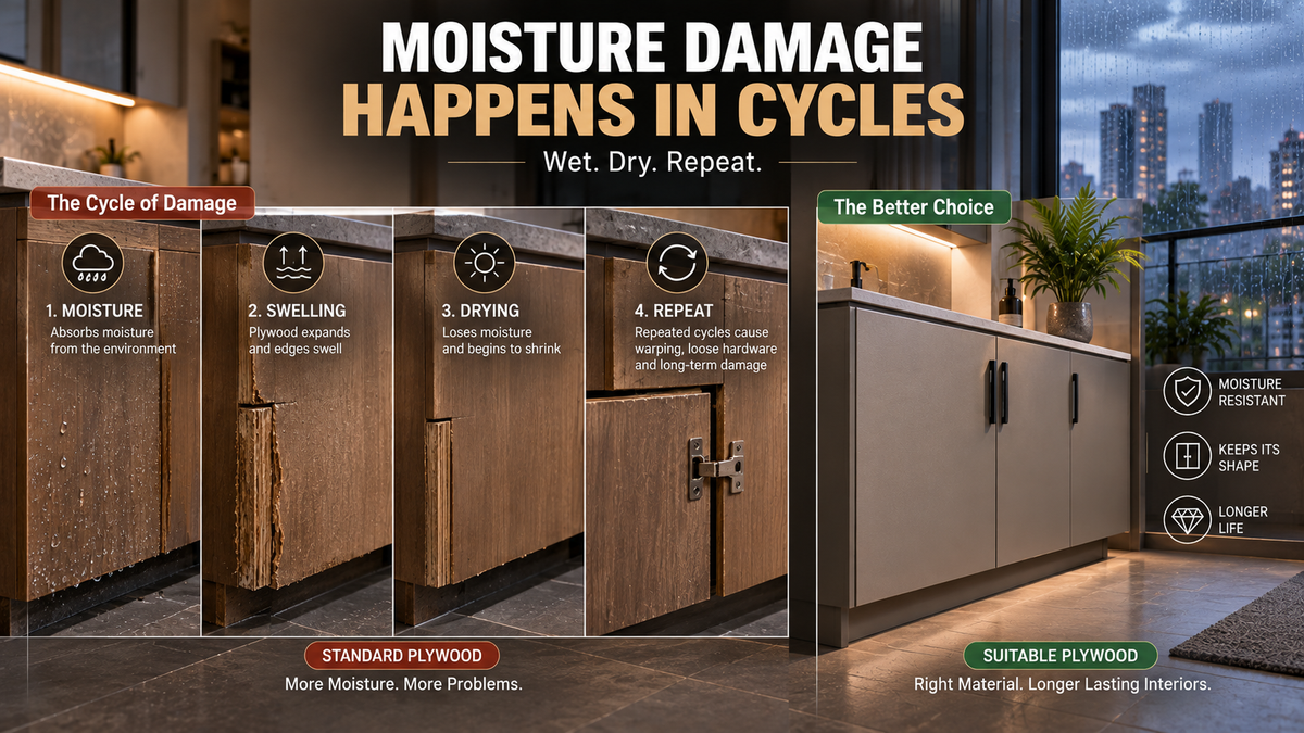 Plywood furniture affected by repeated moisture and drying cycles, showing swelling, warping, edge damage and changes in furniture alignment.