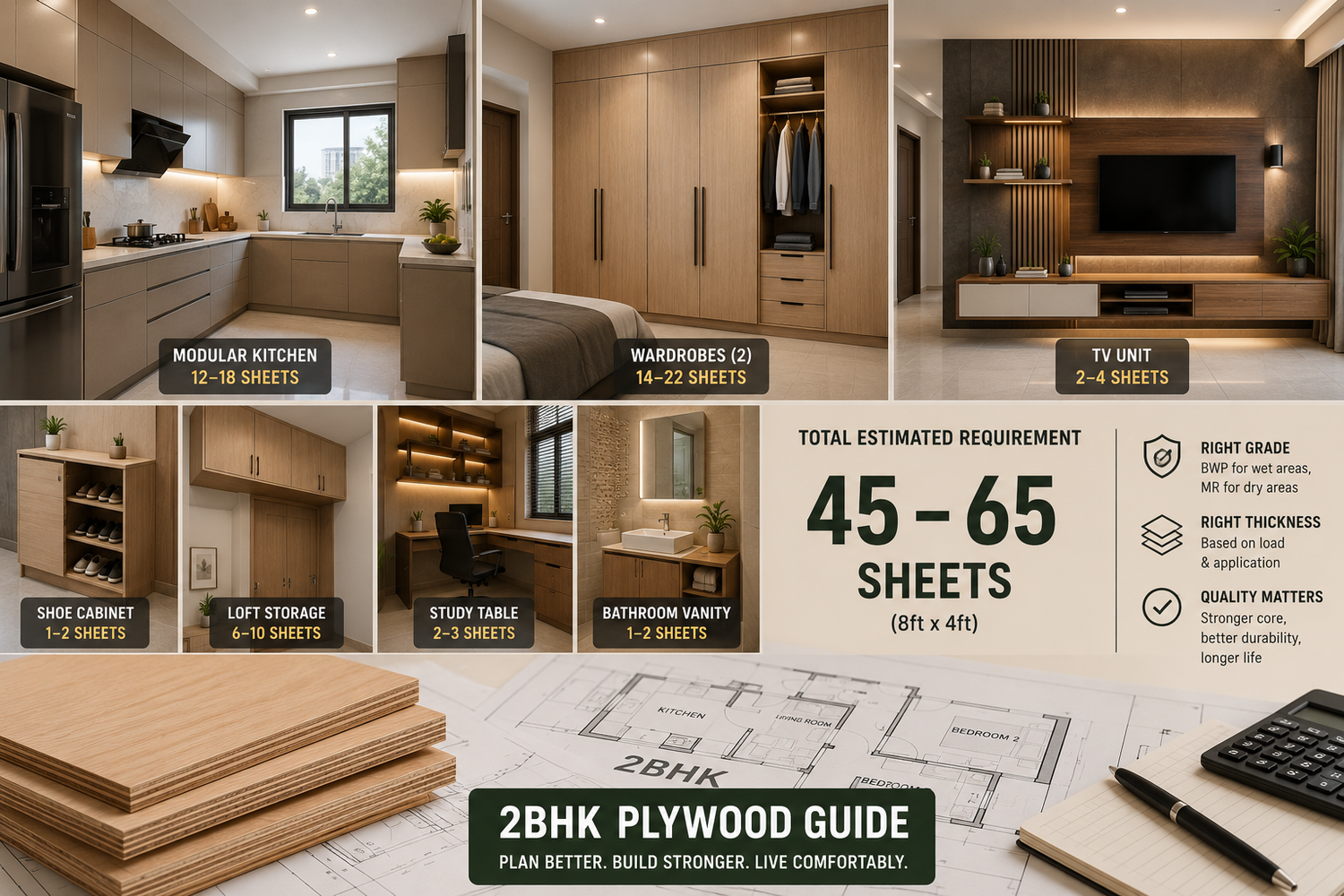 Modern 2BHK apartment interior showing modular kitchen, wardrobes, TV unit, and storage furniture with an estimated plywood sheet requirement for home interiors.