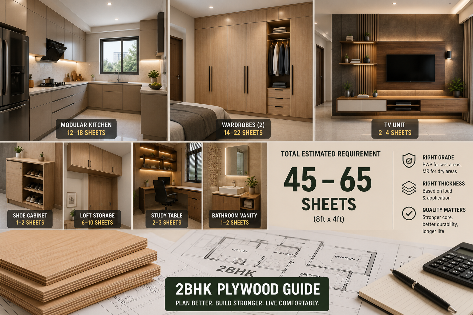 Modern 2BHK apartment interior showing modular kitchen, wardrobes, TV unit, and storage furniture with an estimated plywood sheet requirement for home interiors.