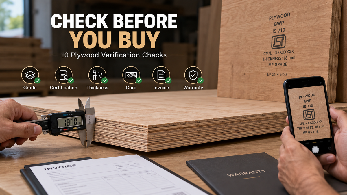 Homeowner plywood buying checklist showing checks for plywood grade, thickness, core quality, BIS certification, invoice and warranty before fabrication.