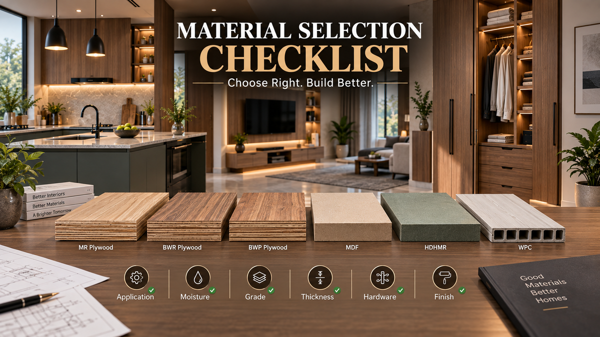 Interior material selection checklist showing plywood, MDF, HDHMR and WPC choices for kitchens, wardrobes, TV units and modern home interiors.