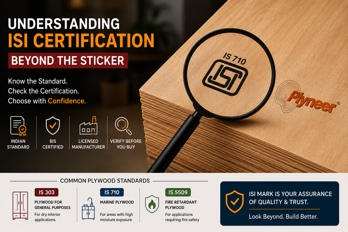 ISI-certified plywood inspection showing plywood quality, testing and BIS standard verification for reliable interior and furniture applications.