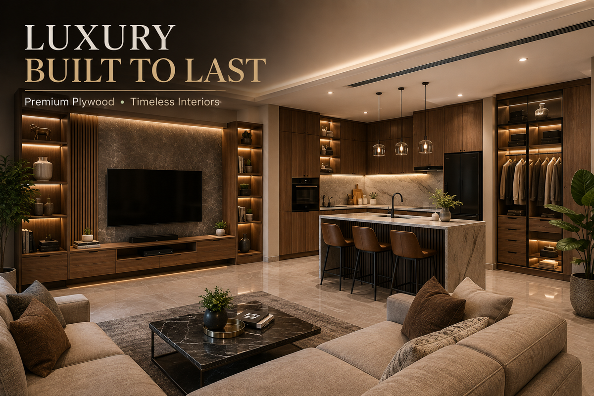 Luxury modern interior featuring premium plywood cabinetry, modular kitchen, wardrobes and entertainment furniture designed for strength, durability and long-lasting performance.
